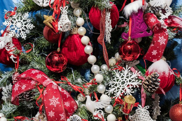 A lot of things on the decorated Christmas tree new year decoration background celebrate winter season