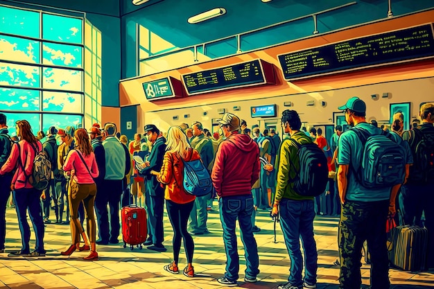 Lot of tourists at airport station in waiting room in airport baggage claim area