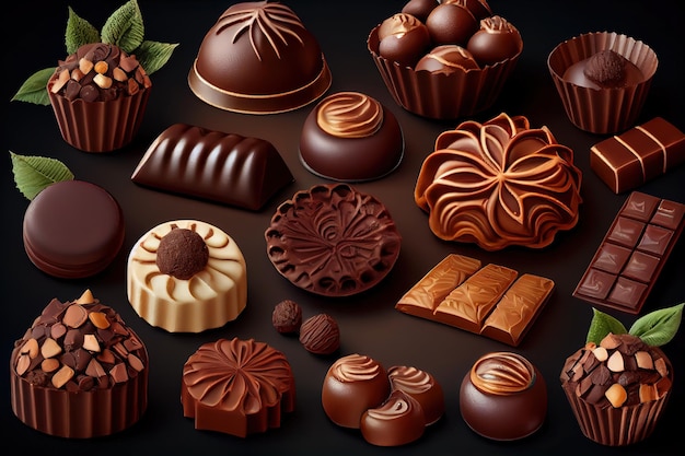 A lot of variety chocolate pralines Generative Ai