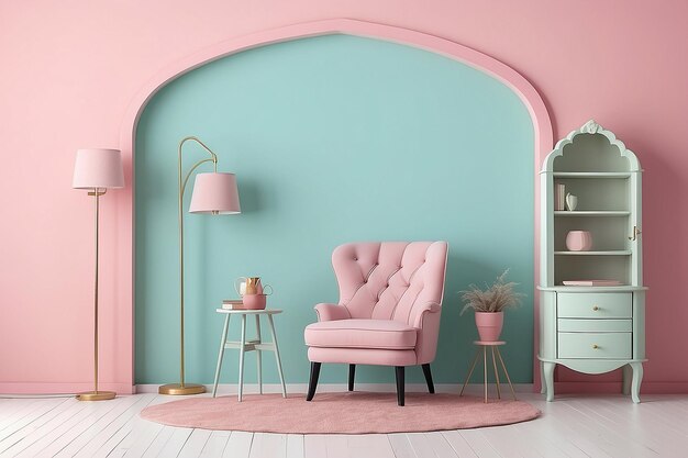 Photo lothes hanging on a rack arch door lamp and armchair on pastel pink background