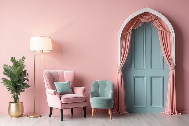 Photo lothes hanging on a rack arch door lamp and armchair on pastel pink background