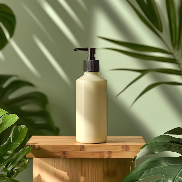 Lotion bottle in front of plants and bamboo wooden table mockup