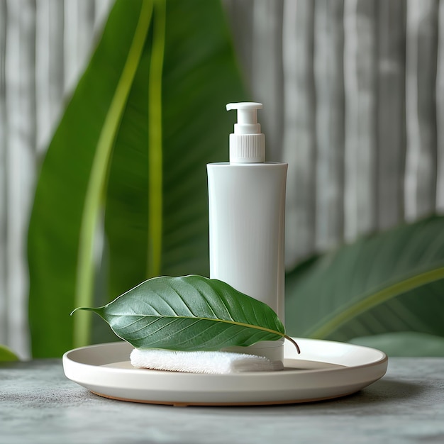 Lotion and cleanser bottle with leaf on a white plate