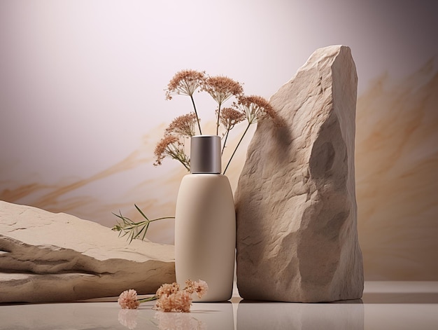 lotion mockup op een natuurlijke achtergrond van stenen en zand