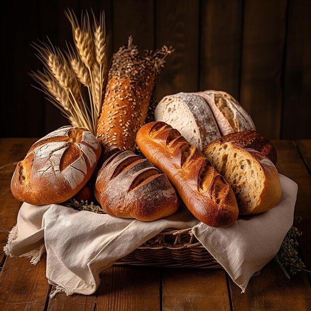 Lots of assorted bakery products in basket big copy space on top