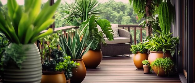 Lots of beautiful green lush indoor plants on the terrace decoration and landscaping of the terrace