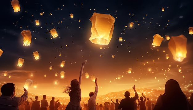 Lots of beautiful lanterns in the night sky during Diwali in India