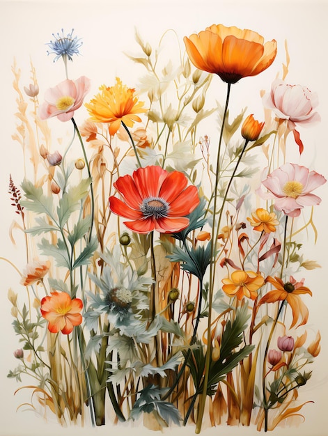 Lots of beautiful wildflowers Illustration in watercolor style