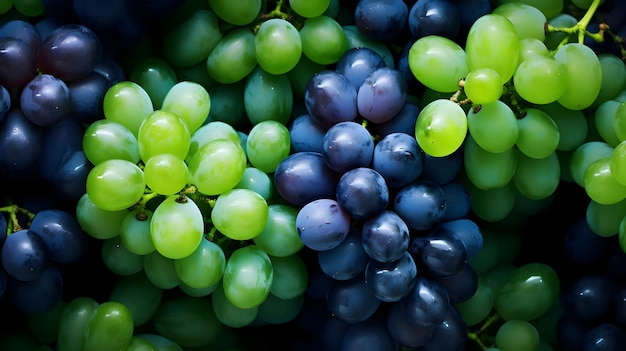 Photo lots of blue and grapes with leaves berries background high quality