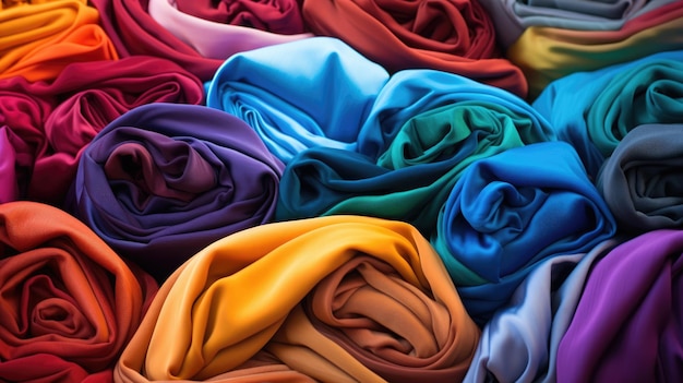 Lots of bright colorful fabrics abstract background Manufacture of wearing apparel AI