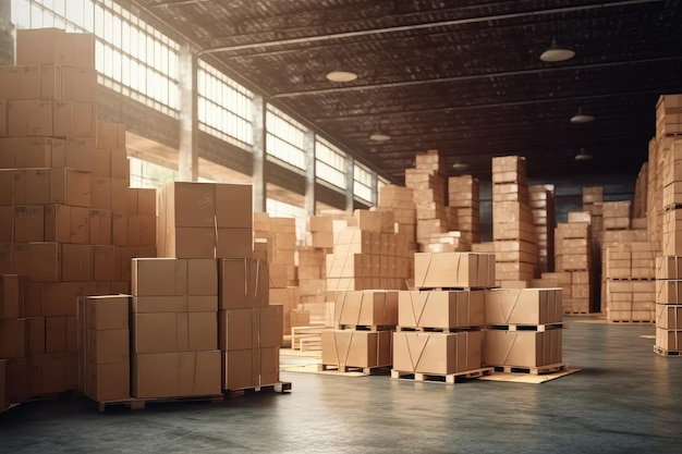 Много картонных коробок на складе
