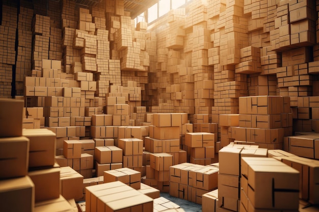 Много картонных коробок на складе
