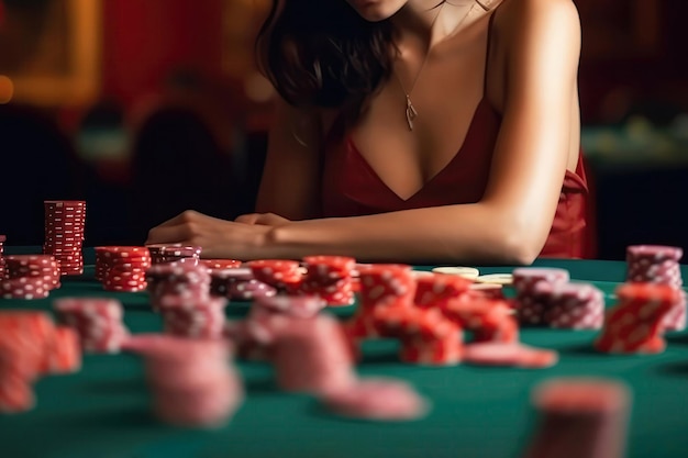 背景に赤いドレスを着た焦点の合っていない美しい女性とカジノのテーブルの上にたくさんのチップ 生成 AI