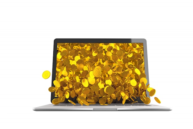 Lots of coins spilling out of laptop. 3D illustration