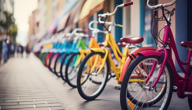 여름에 주차장에 다채로운 자전거가 많이 있습니다.