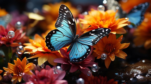 lots of colorful butterflies with flower in the background in the style of photorealistic