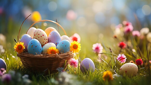 lots of colorful easter eggs in a basket on the meadow