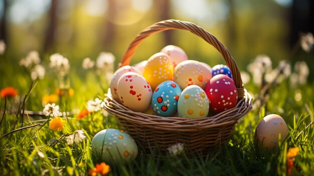 lots of colorful easter eggs in a basket on the meadow