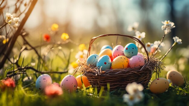 lots of colorful easter eggs in a basket on the meadow