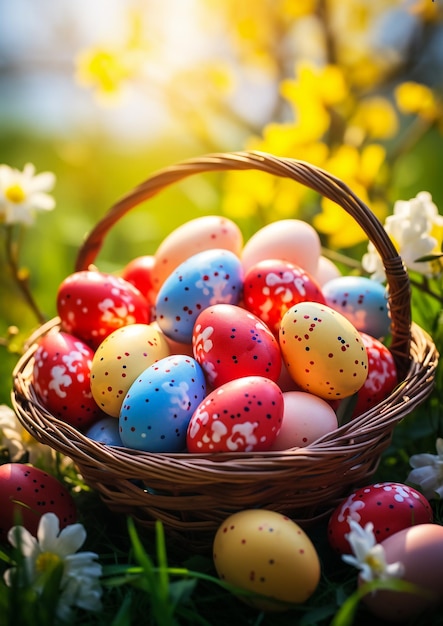 lots of colorful easter eggs in a basket on the meadow