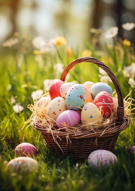 lots of colorful easter eggs in a basket on the meadow