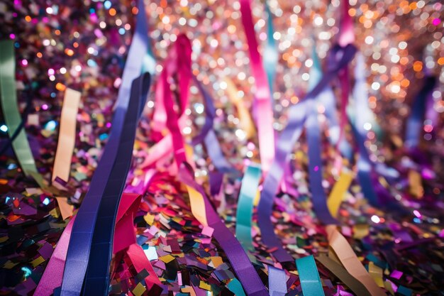 Photo lots of colorful tiny confetti and ribbons