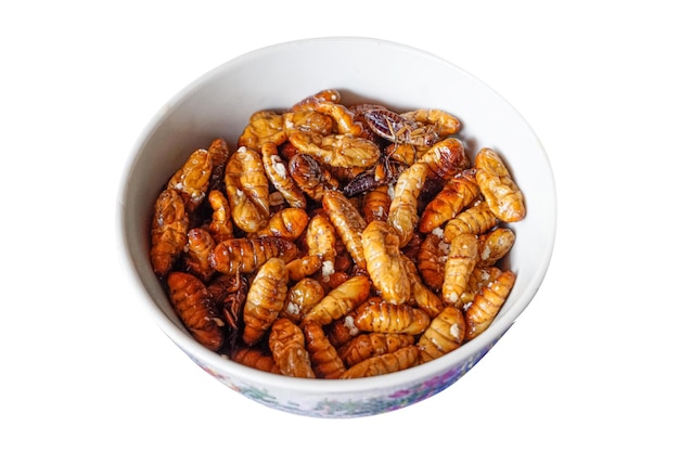 Photo lots of crispy fried chrysalis in a white bowl chrysalis are a food that is very high in protein