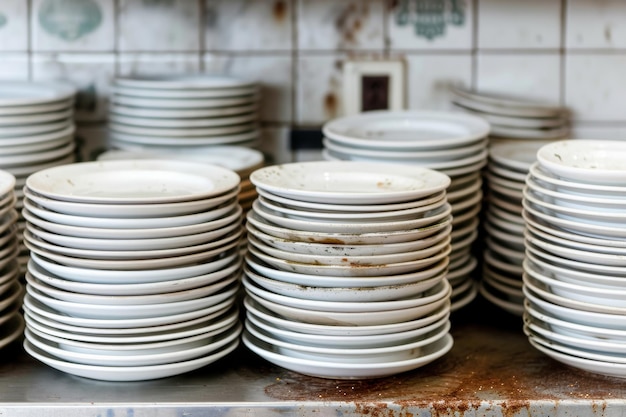 lots of dirty white plates in restaurant