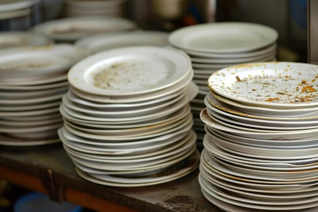 Photo lots of dirty white plates in restaurant