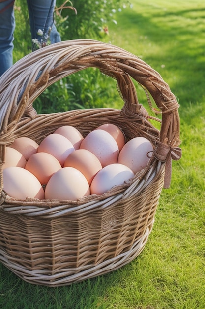 Lots of eggs in a wicker basket at a village fair rural food and agriculture concept background