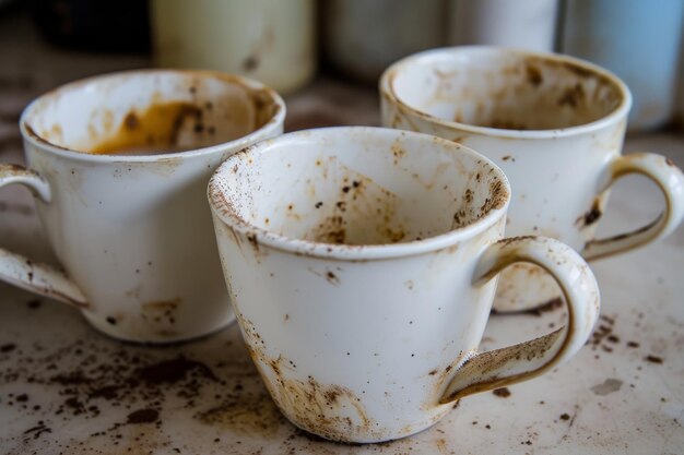 空の汚れた白いコーヒーカップをたくさん募集しています