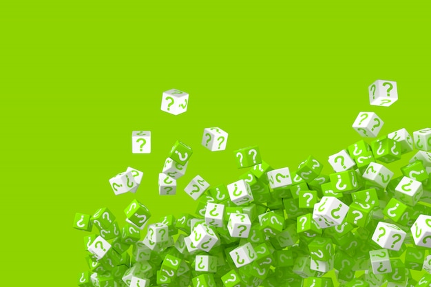 Lots of falling green and white dice with question marks on the sides. 3d illustration