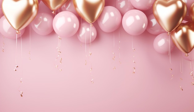 lots of fancy balloons and heart floating over pink background