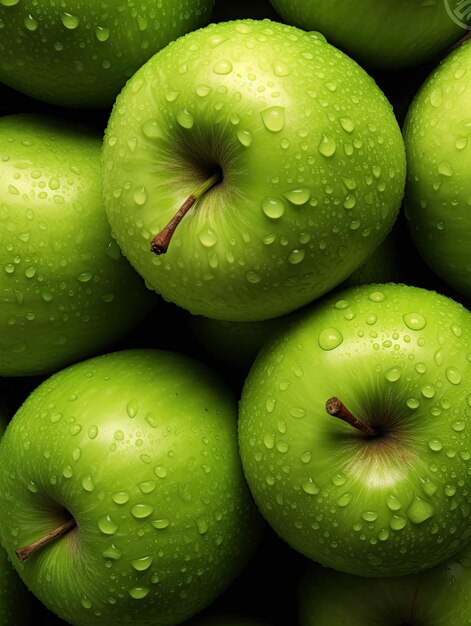 Lots of fresh apples background sparkling raindrops