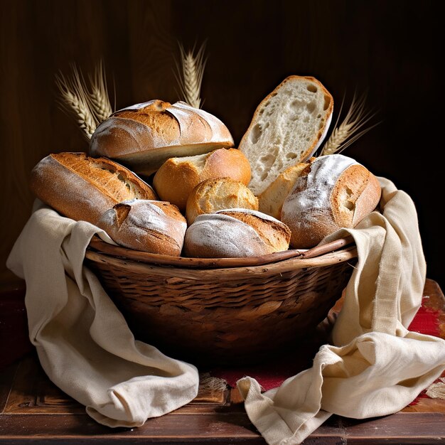 Много свежего хлеба в корзине и доска с мукой на деревянном столе