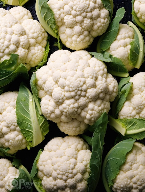 Lots of fresh cauliflower background sparkling raindrops