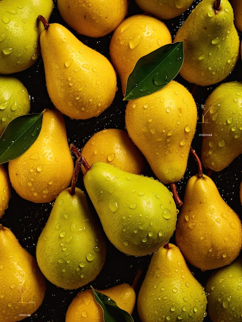 Lots of fresh pears background sparkling raindrops