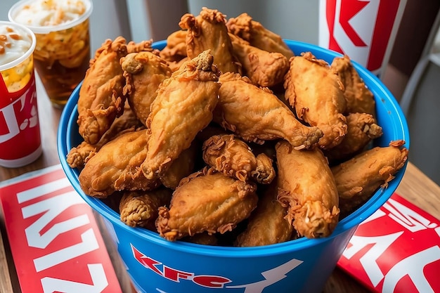 A lots of fried chicken hot wings in bucket of KFC