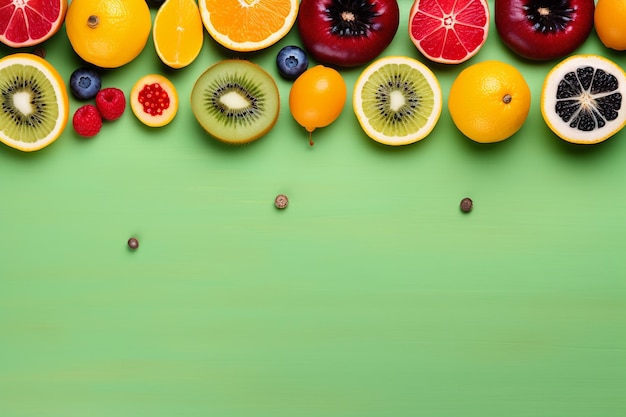 Photo lots of fruit on green background copy space top view