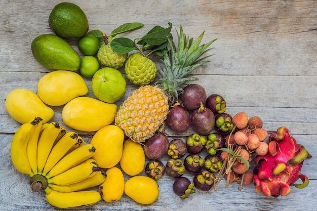 Lots of fruits on a wooden table