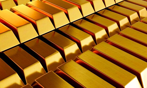 Photo lots of gold bars are arranged and arranged in a row conveys business lines and gold or stock markets and luxury 3d rendering