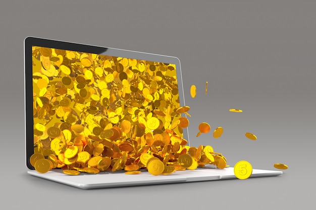 Molte monete d'oro che si rovesciano dalla rappresentazione del monitor 3d del computer portatile