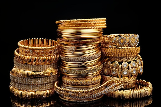 Lots of golden bracelets over a black background