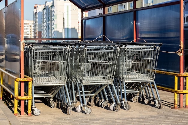 Много продуктовых тележек в супермаркете