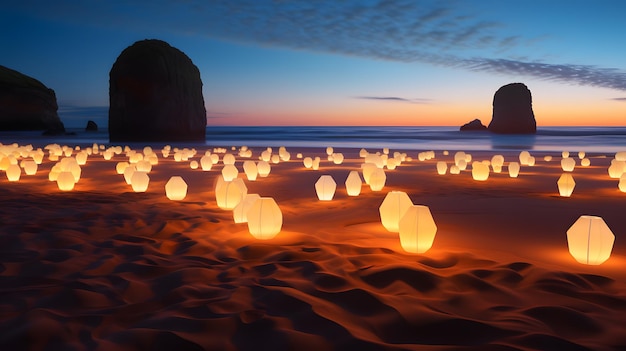 Lots of lamps that lying on the beach at dark