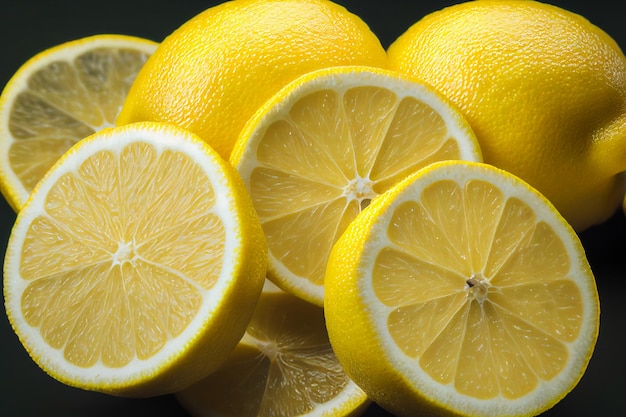 レモンがたくさん。葉のスタジオ写真でレモンの果実を閉じます。レモン全体、半分、スライス、葉