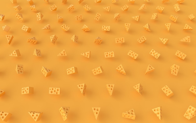 Lots of  of maasdam cheese pieces on yellow 3d rendering.