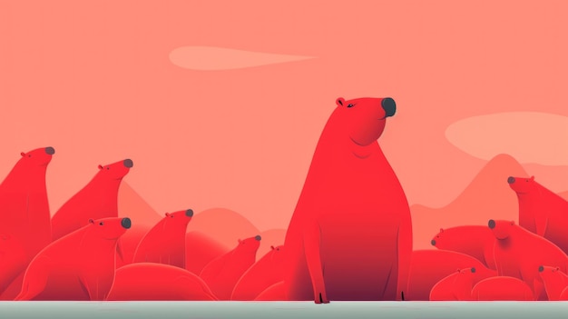 Lots of minimalist illustrations with capybaras in Coral color