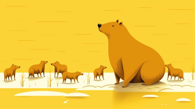 Lots of minimalist illustrations with capybaras in Mustard color
