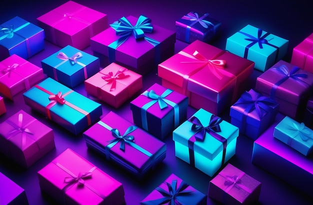 Lots of neon color gift boxes lying on blue background space for text Discount sale background